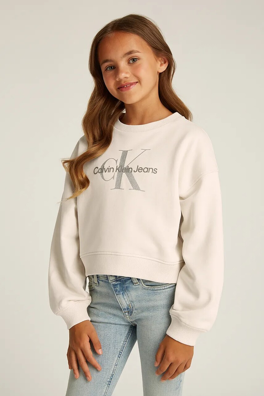 Levně Dětská bavlněná mikina Calvin Klein Jeans béžová barva, s potiskem, IG0IG02823
