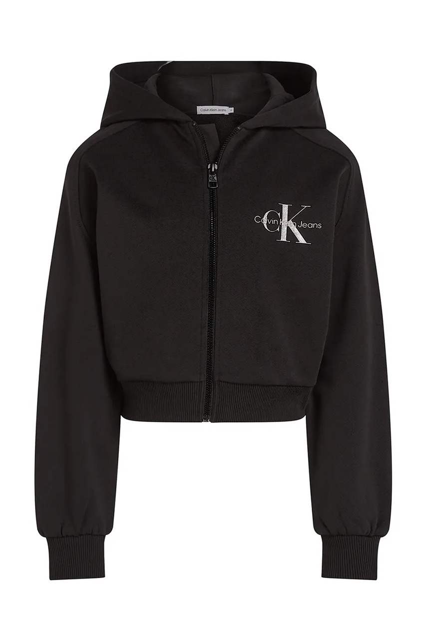 Дитяча бавовняна кофта Calvin Klein Jeans колір чорний з капюшоном з принтом IG0IG02824