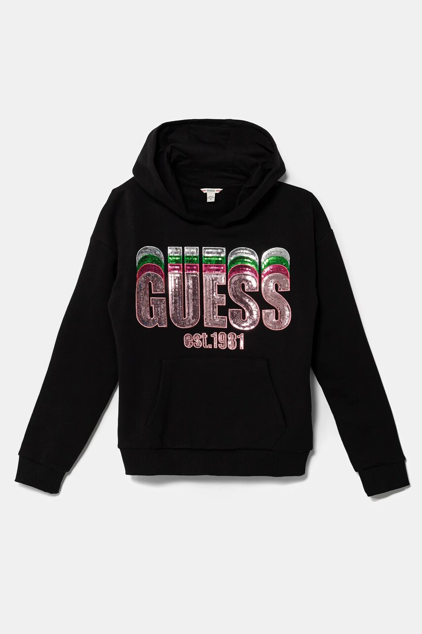Levně Dětská bavlněná mikina Guess černá barva, s kapucí, s aplikací, J5RQ00 KAD74