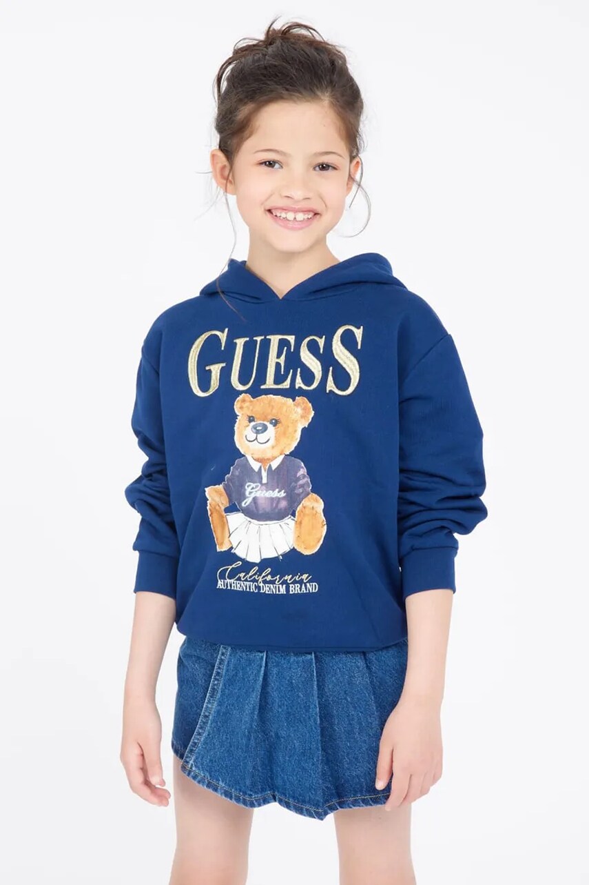 Levně Dětská bavlněná mikina Guess tmavomodrá barva, s kapucí, s potiskem, J5RQ04 KAD74