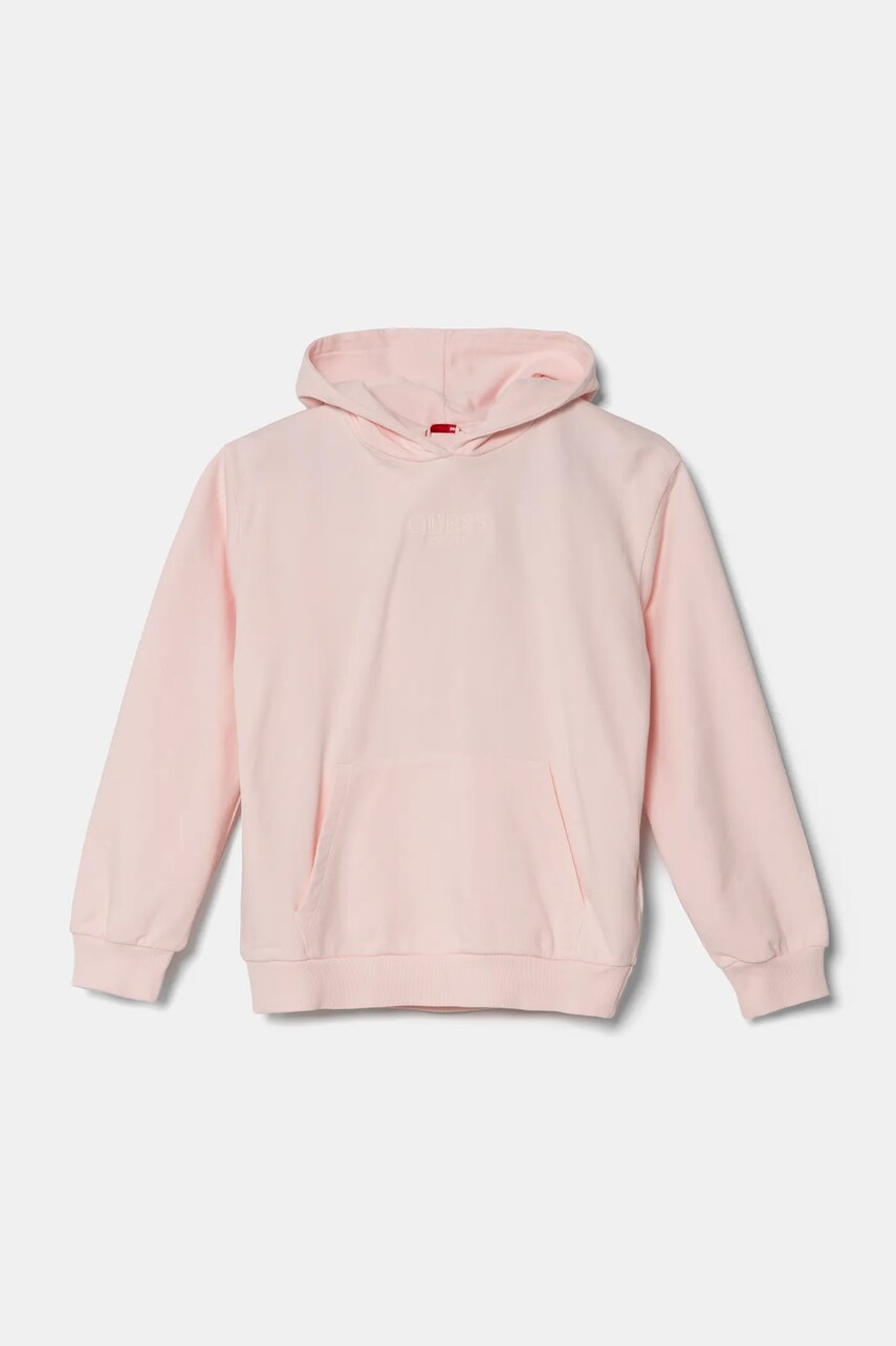 Levně Dětská bavlněná mikina Guess růžová barva, s kapucí, s aplikací, J5RQ09 KAD74