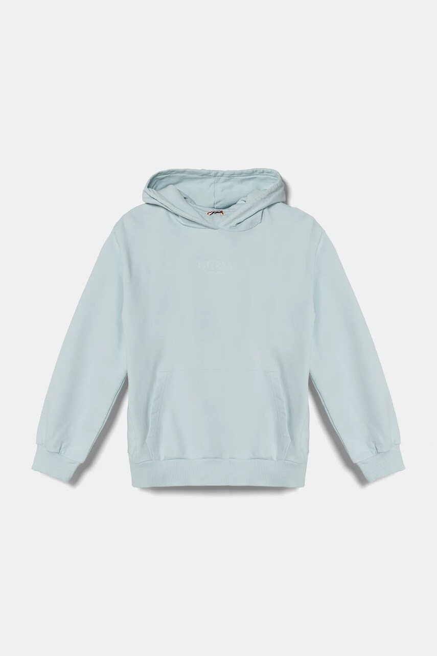 Levně Dětská bavlněná mikina Guess modrá barva, s kapucí, s aplikací, J5RQ09 KAD74