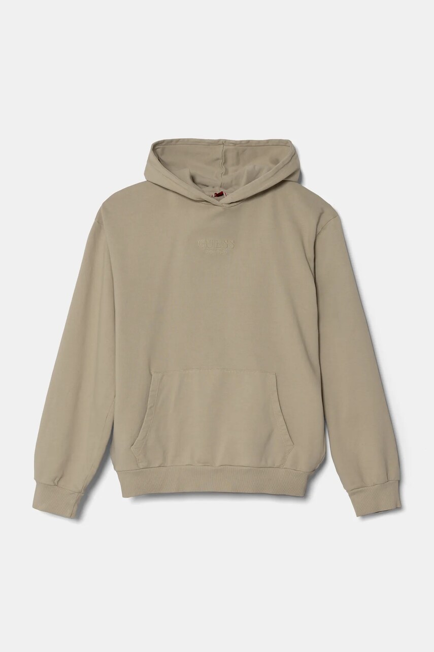Levně Dětská bavlněná mikina Guess šedá barva, s kapucí, s aplikací, J5RQ09 KAD74