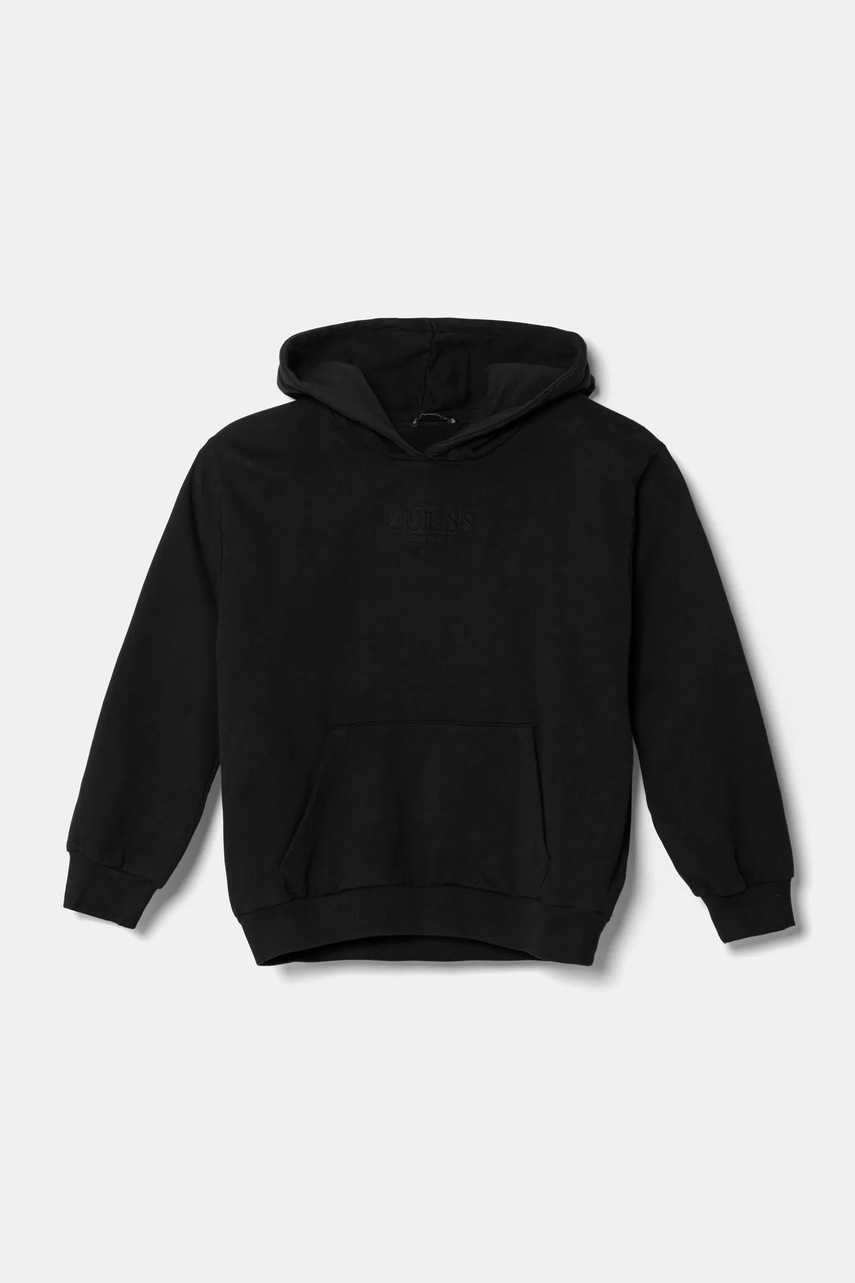 Levně Dětská bavlněná mikina Guess černá barva, s kapucí, s aplikací, J5RQ09 KAD74