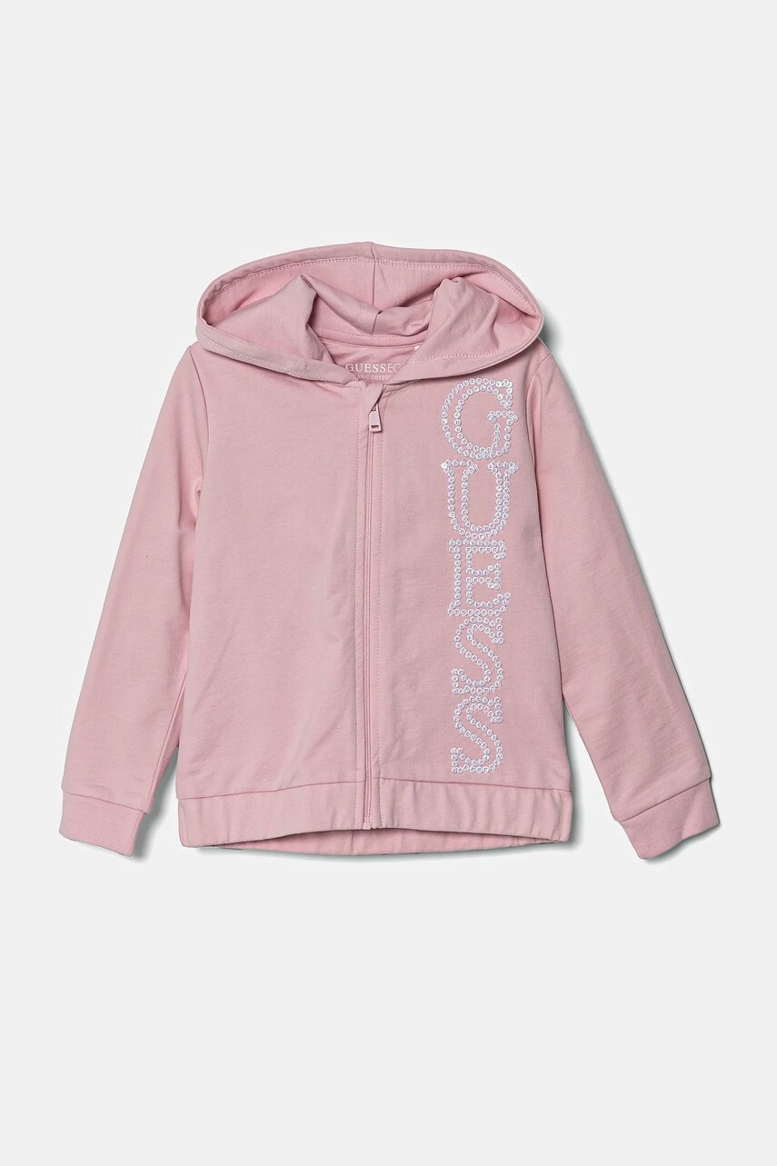 Levně Dětská bavlněná mikina Guess růžová barva, s kapucí, s aplikací, K5RQ02 KA6R4