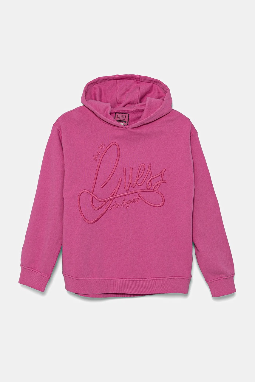 Levně Dětská bavlněná mikina Guess růžová barva, s kapucí, s aplikací, J5GQ03 KAD74