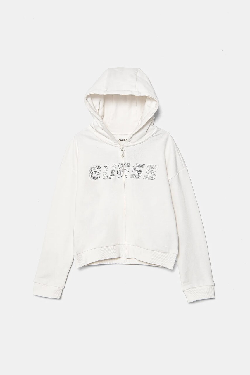Levně Dětská bavlněná mikina Guess bílá barva, s kapucí, s aplikací, J5GQ07 KCRP0