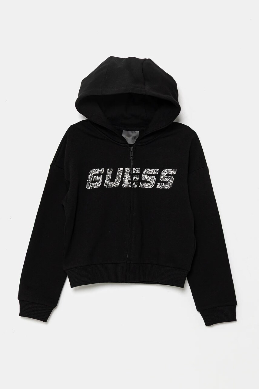 Levně Dětská bavlněná mikina Guess černá barva, s kapucí, s aplikací, J5GQ07 KCRP0