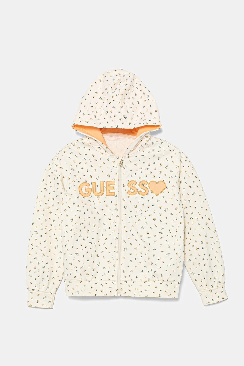 Levně Dětská bavlněná mikina Guess béžová barva, s kapucí, vzorovaná, K5GQ02 KA6R4
