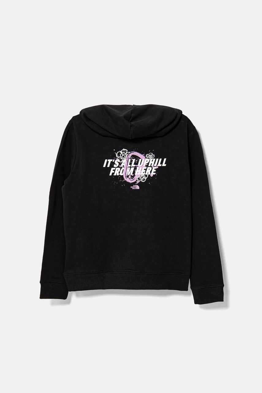 Дитяча бавовняна кофта The North Face GRAPHIC RELAXED HOODIE колір чорний з капюшоном з принтом NF0A8AXRJK31 Дитяча бавовняна кофта The North Face GRAPHIC RELAXED HOODIE колір чорний з капюшоном з принтом NF0A8AXRJK31