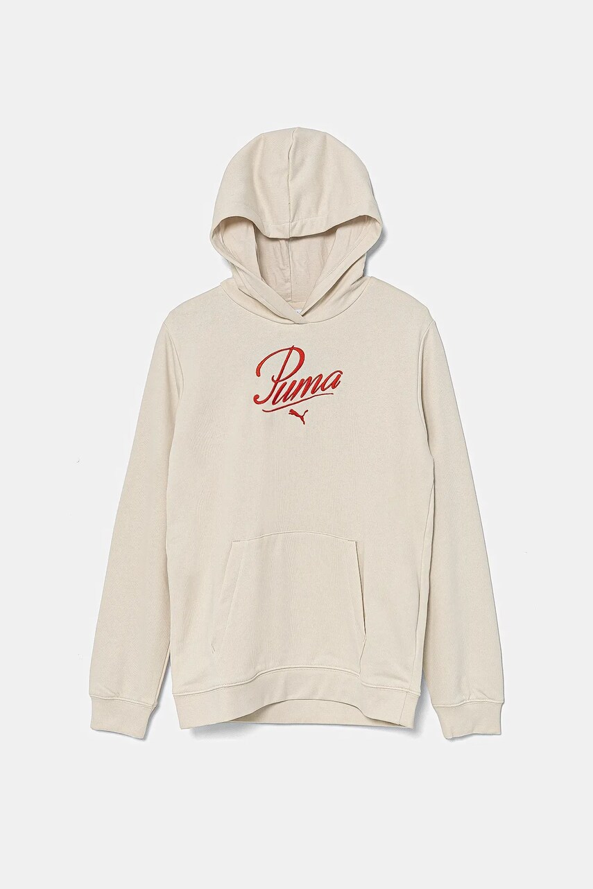 Levně Dětská mikina Puma ESS SCRIPT Hoodie TR béžová barva, s kapucí, s aplikací, 685806