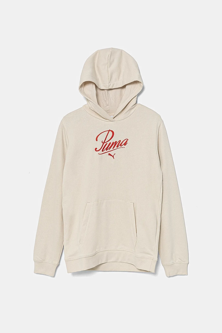 Puma bluza copii ESS SCRIPT Hoodie TR culoarea bej, cu glugă, cu imprimeu, 685806