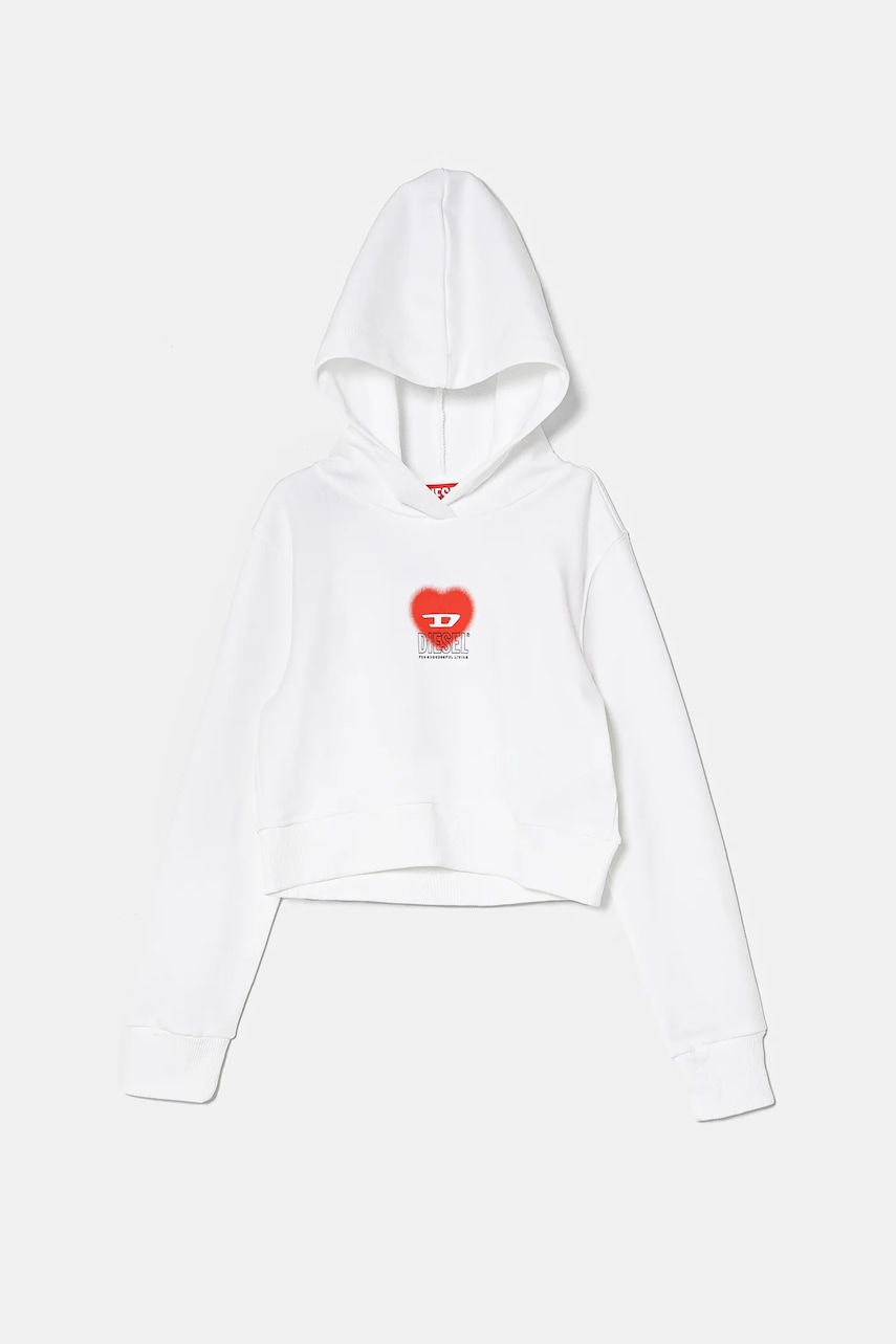 Levně Dětská bavlněná mikina Diesel SCUOREHOOD SWEAT-SHIRT bílá barva, s kapucí, s potiskem, J02229