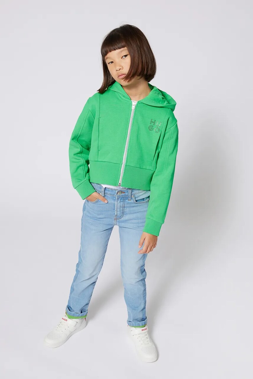 HUGO bluza copii culoarea verde, cu glugă, neted, G00402