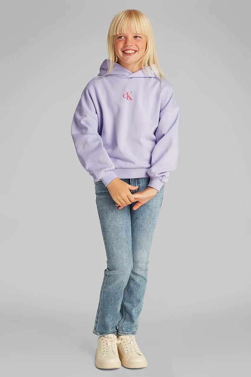 Levně Dětská mikina Calvin Klein Jeans fialová barva, s kapucí, hladká, IG0IG02855
