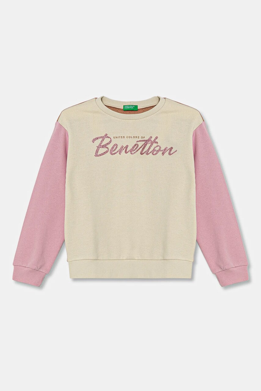 United Colors of Benetton hanorac de bumbac pentru copii culoarea bej, cu imprimeu, 3J68C10MX