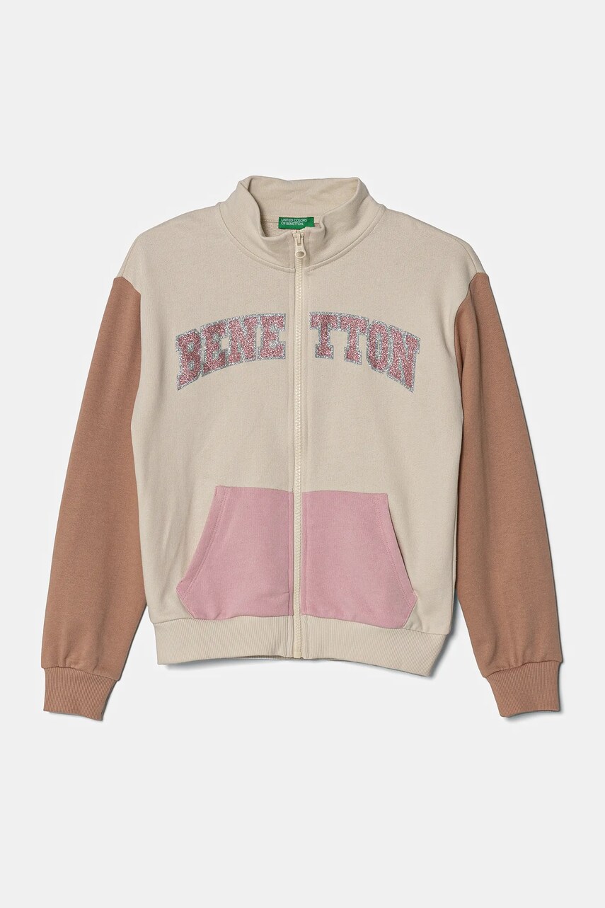 United Colors of Benetton hanorac de bumbac pentru copii culoarea bej, cu imprimeu, 3J68C504N