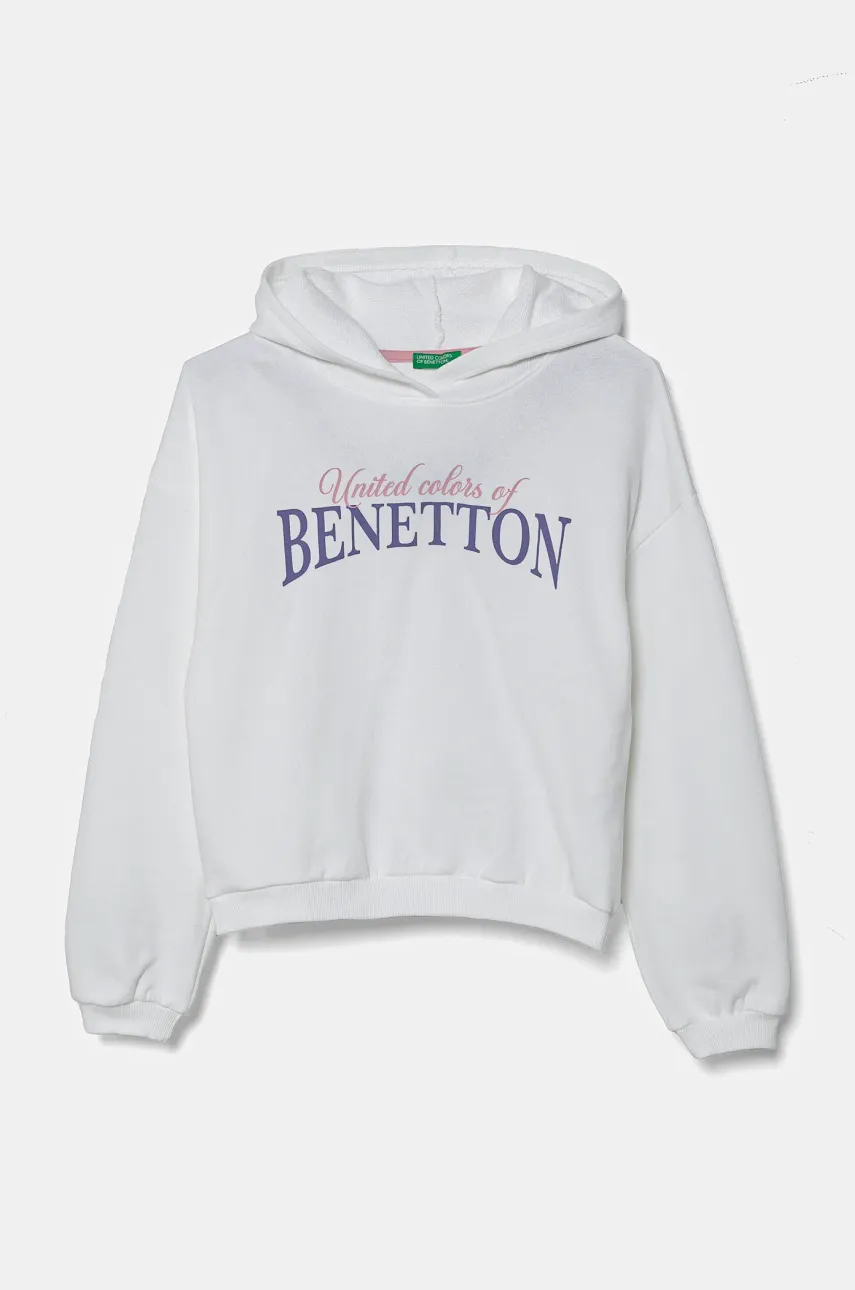 United Colors of Benetton hanorac de bumbac pentru copii culoarea alb, cu glugă, cu imprimeu, 3J68C204D