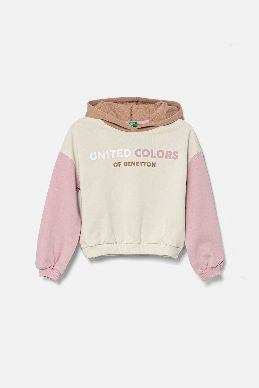 United Colors of Benetton hanorac de bumbac pentru copii culoarea bej, cu glugă, cu imprimeu, 3J68C204D