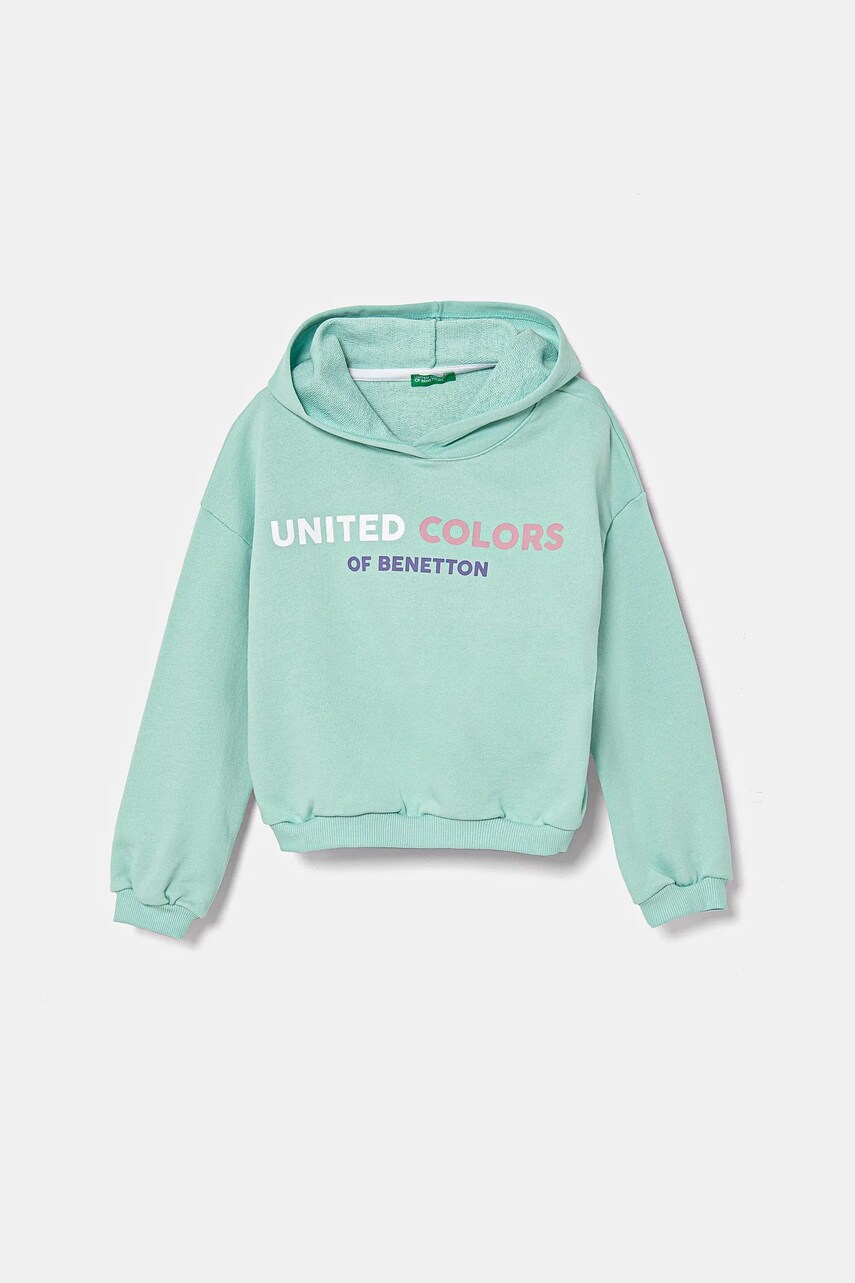 United Colors of Benetton hanorac de bumbac pentru copii culoarea turcoaz, cu glugă, cu imprimeu, 3J68C204D