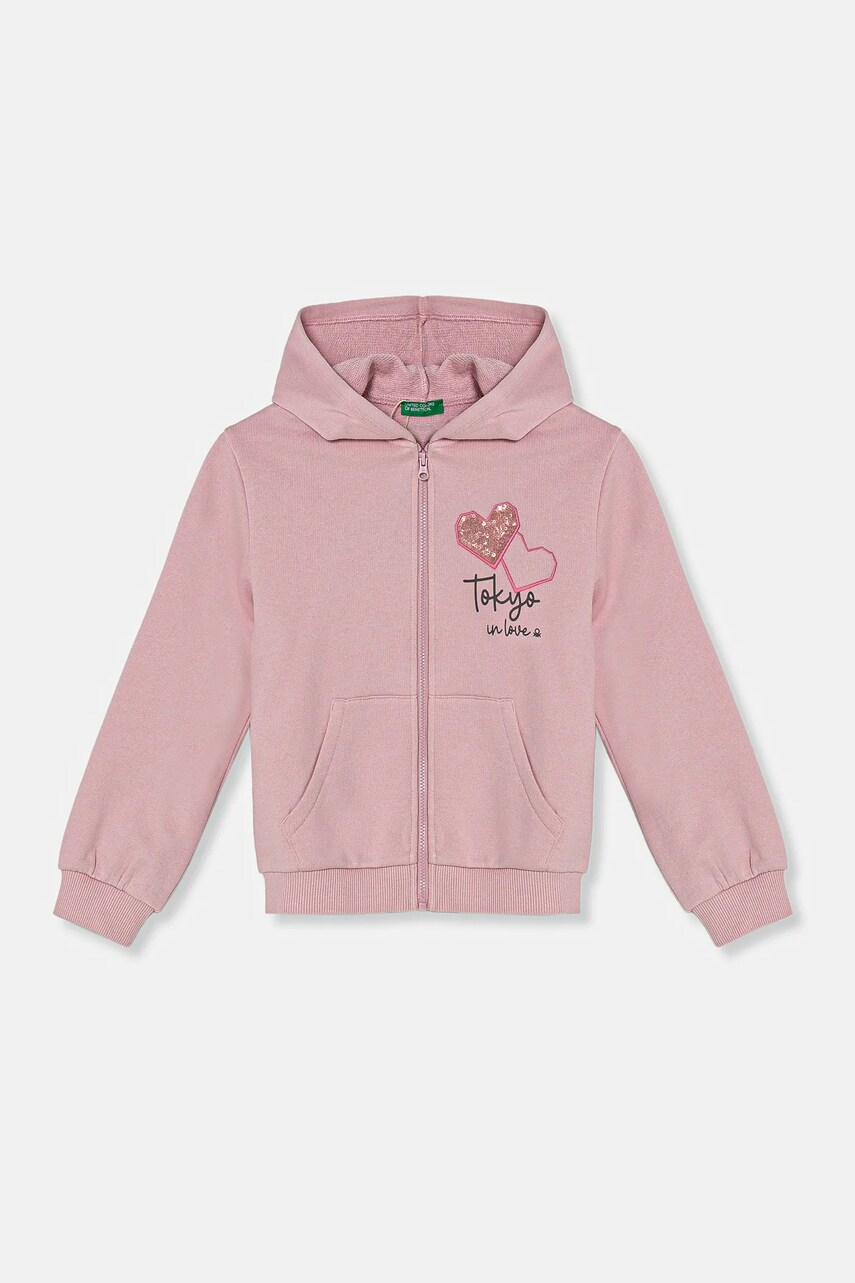 Levně Dětská bavlněná mikina United Colors of Benetton růžová barva, s kapucí, s aplikací, 3J68G503T
