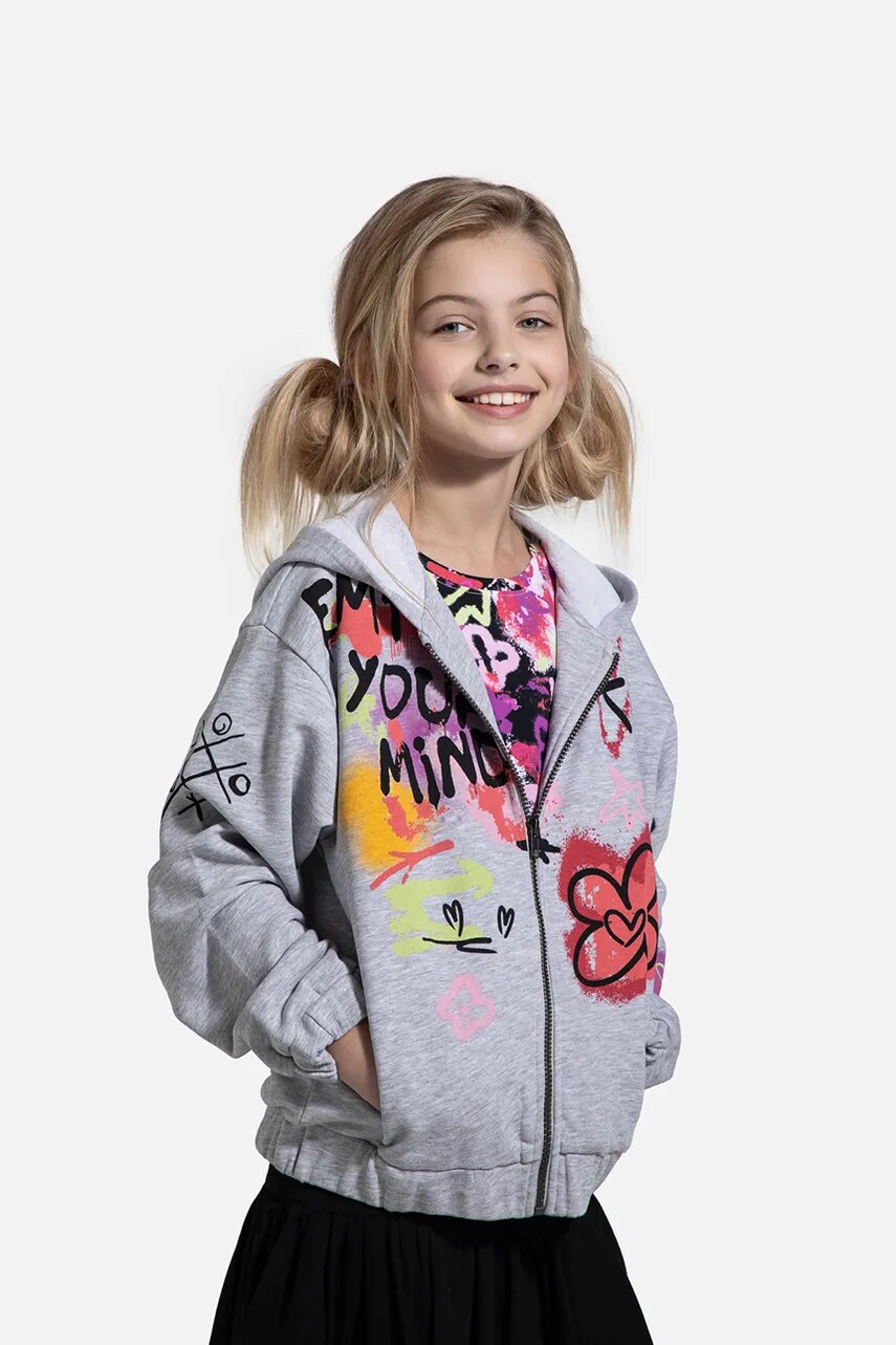 Coccodrillo bluză copii culoarea gri, cu glugă, cu imprimeu, REBEL GIRL JUNIOR Coccodrillo bluză copii culoarea gri, cu glugă, cu imprimeu, REBEL GIRL JUNIOR