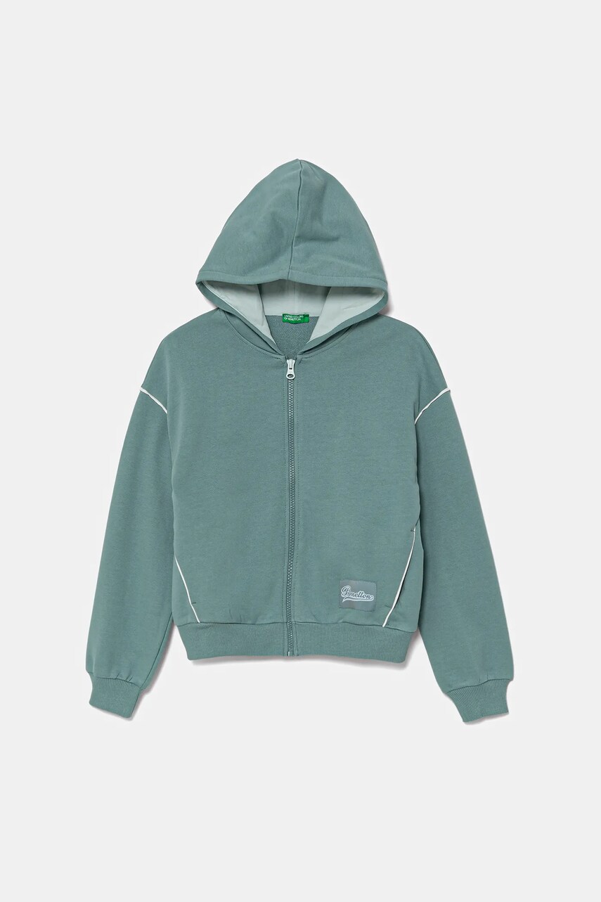 United Colors of Benetton hanorac de bumbac pentru copii culoarea verde, cu glugă, uni, 3UNIC504T