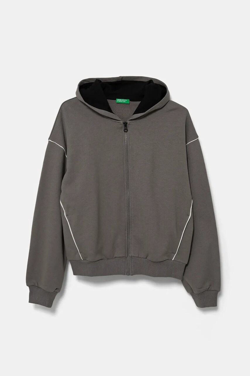United Colors of Benetton hanorac de bumbac pentru copii culoarea gri, cu gluga, uni, 3UNIC504T