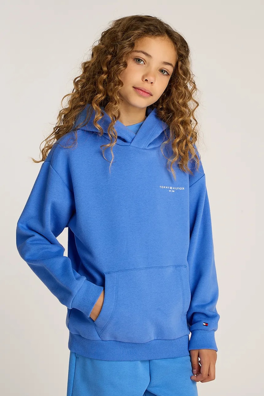 Levně Dětská mikina Tommy Hilfiger modrá barva, s kapucí, hladká, KS0KS00595