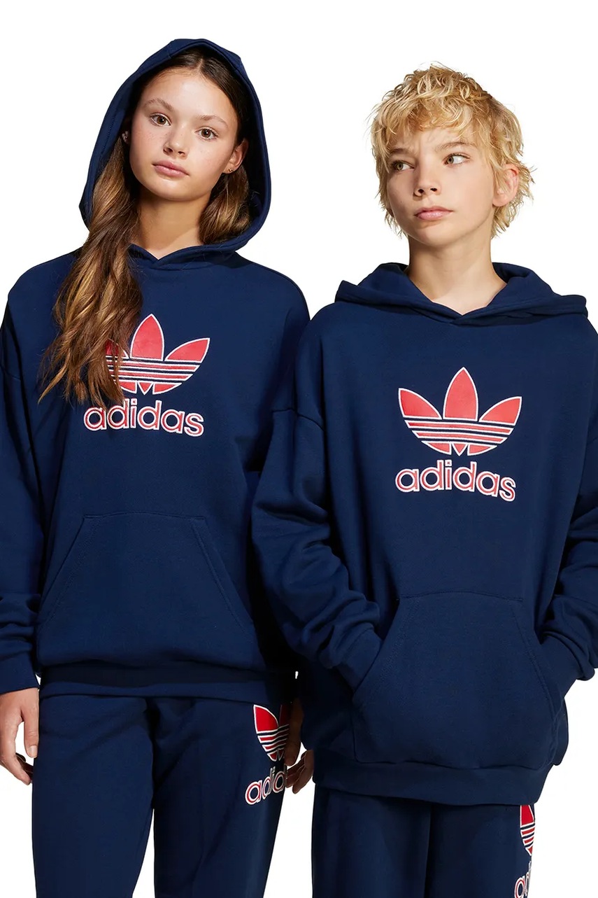 adidas Originals hanorac de bumbac pentru copii culoarea albastru marin, cu glugă, cu imprimeu, JC9128