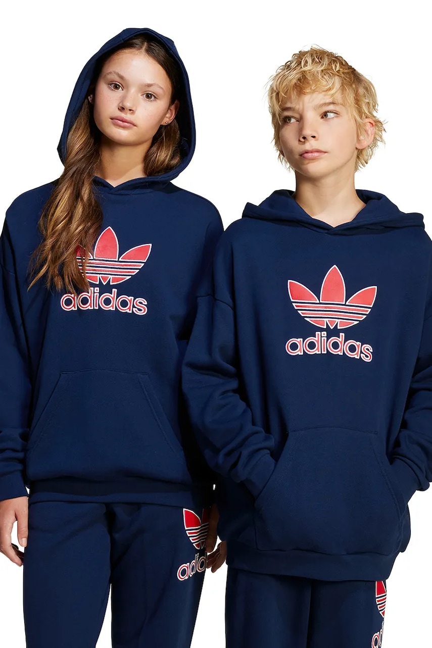 adidas Originals hanorac de bumbac pentru copii culoarea albastru marin, cu glugă, cu imprimeu, JC9128 adidas Originals hanorac de bumbac pentru copii culoarea albastru marin, cu glugă, cu imprimeu, JC9128