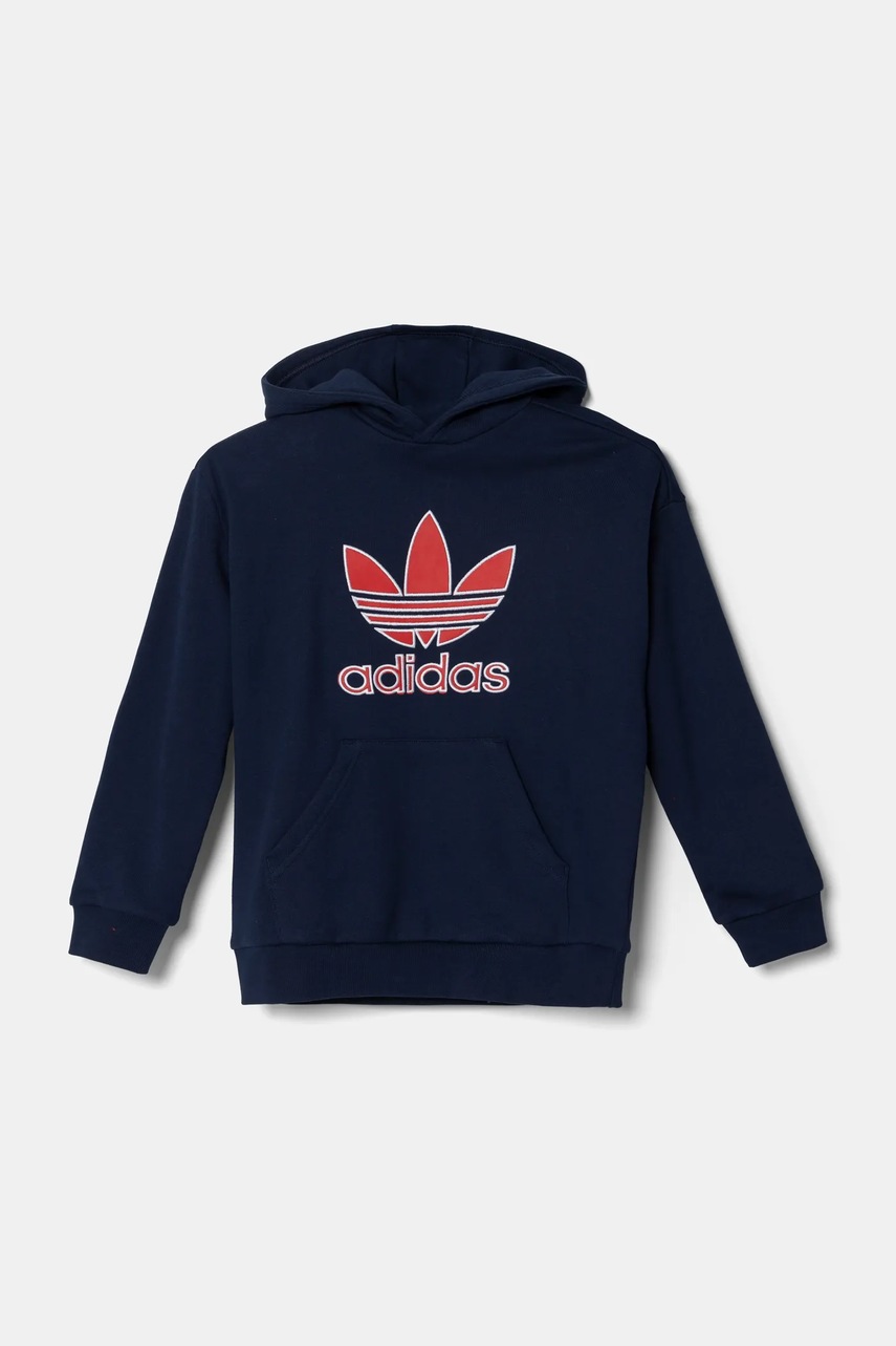 Детская хлопковая кофта adidas Originals цвет синий с капюшоном с принтом JC9128