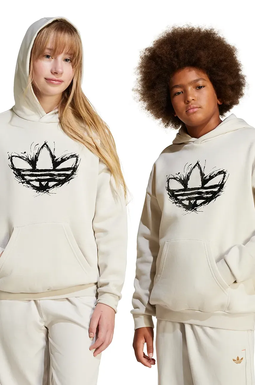 adidas Originals bluza copii culoarea bej, cu glugă, cu imprimeu, JD0366