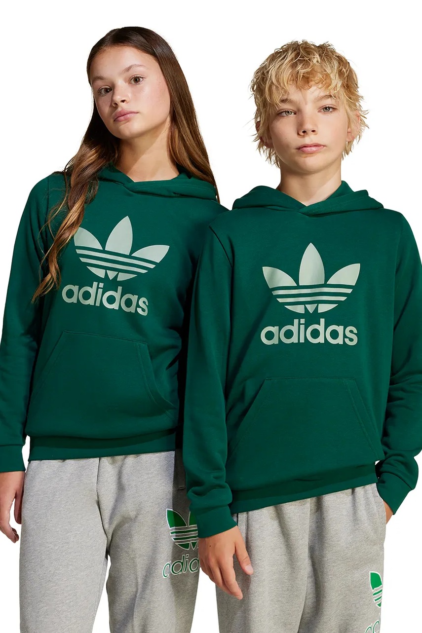 adidas Originals bluza copii culoarea verde, cu glugă, cu imprimeu, JD1648