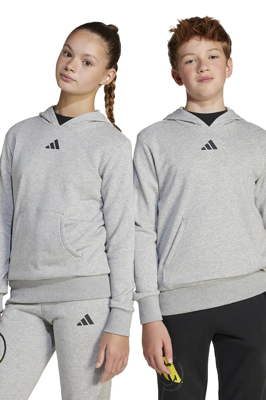 adidas bluză copii culoarea gri, cu glugă, melanj, JD3288 adidas bluză copii culoarea gri, cu glugă, melanj, JD3288