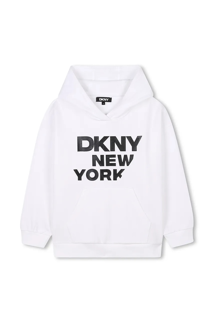 Dkny hanorac de bumbac pentru copii culoarea alb, cu glugă, cu imprimeu, D62248 Dkny hanorac de bumbac pentru copii culoarea alb, cu glugă, cu imprimeu, D62248