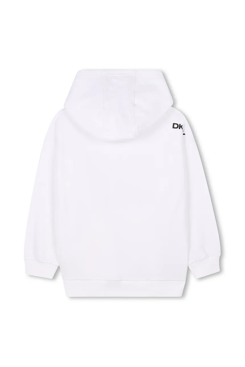Дитяча бавовняна кофта Dkny колір білий з капюшоном з принтом D62248 Дитяча бавовняна кофта Dkny колір білий з капюшоном з принтом D62248