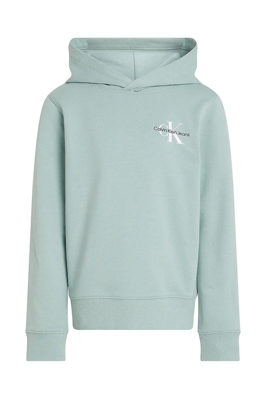 Детская хлопковая кофта Calvin Klein Jeans цвет бирюзовый с капюшоном с принтом IU0IU00266 Детская хлопковая кофта Calvin Klein Jeans цвет бирюзовый с капюшоном с принтом IU0IU00266