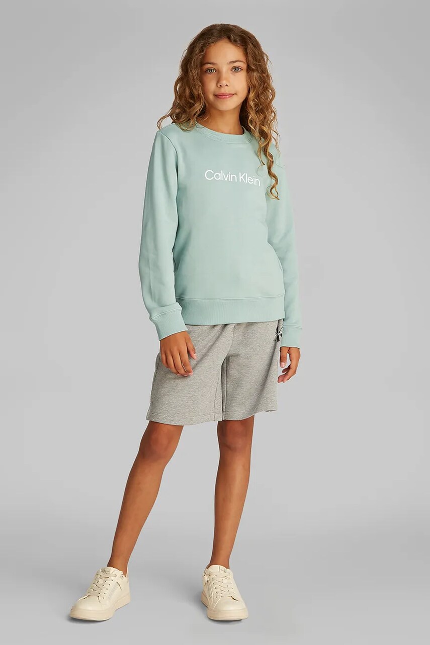 Levně Dětská bavlněná mikina Calvin Klein Jeans tyrkysová barva, s potiskem, IU0IU00680