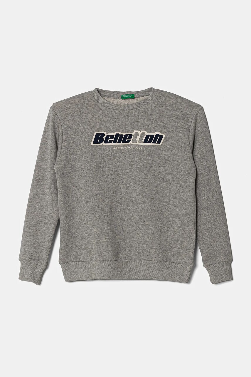United Colors of Benetton hanorac de bumbac pentru copii culoarea gri, cu gluga, cu imprimeu, 3J68C10N2