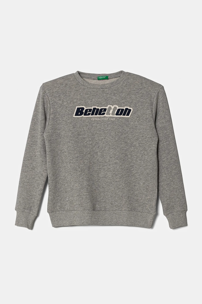 United Colors of Benetton hanorac de bumbac pentru copii culoarea gri, cu glugă, cu imprimeu, 3J68C10N2