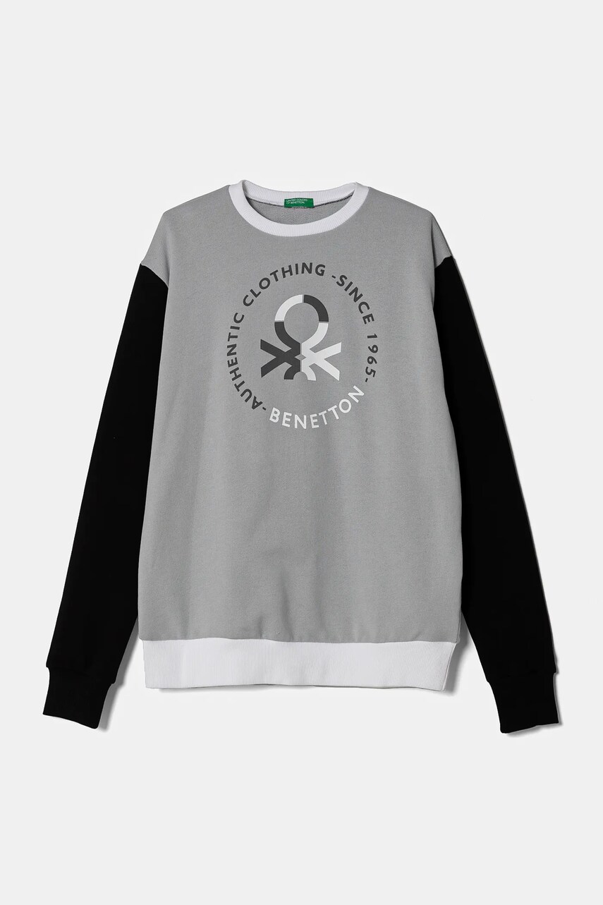 United Colors of Benetton hanorac de bumbac pentru copii culoarea gri, cu gluga, cu imprimeu, 3J68C10N2