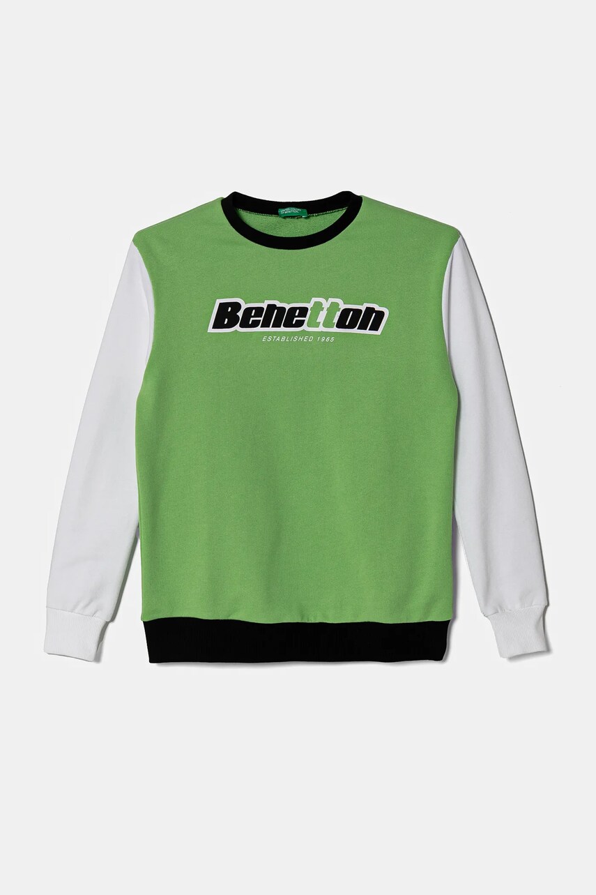 United Colors of Benetton hanorac de bumbac pentru copii culoarea verde, cu glugă, cu imprimeu, 3J68C10N2