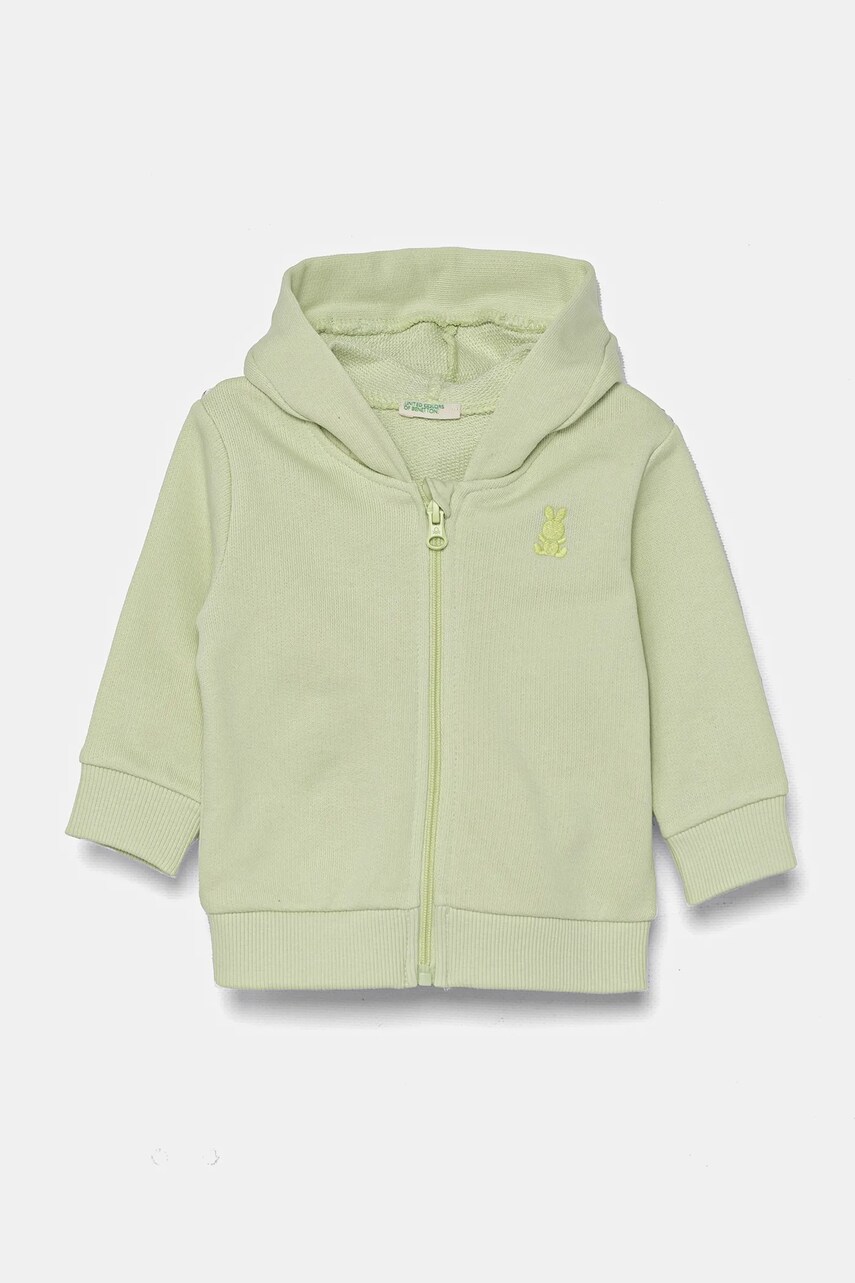 United Colors of Benetton hanorac de bumbac pentru bebelusi culoarea verde, cu gluga, neted, 3J70A5017
