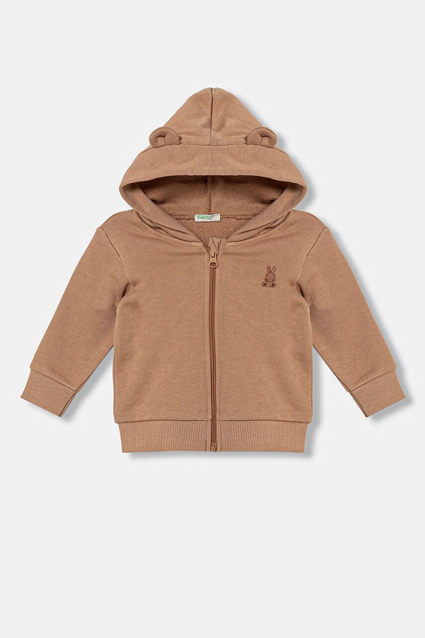United Colors of Benetton hanorac de bumbac pentru bebelusi culoarea maro, cu gluga, neted, 3J70A5017