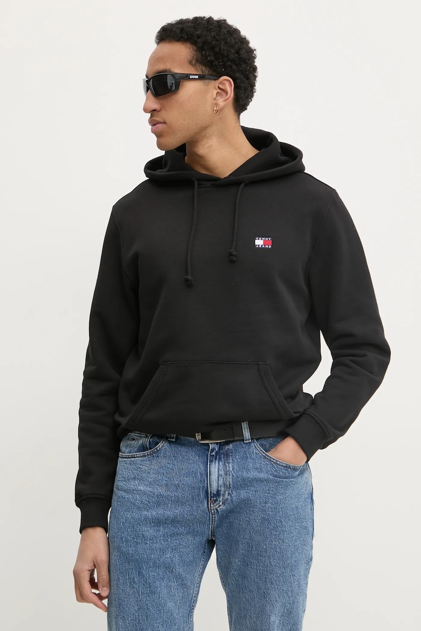 Tommy Jeans hanorac de bumbac bărbați, culoarea negru, cu glugă, uni, DM0DM20258 Tommy Jeans hanorac de bumbac bărbați, culoarea negru, cu glugă, uni, DM0DM20258