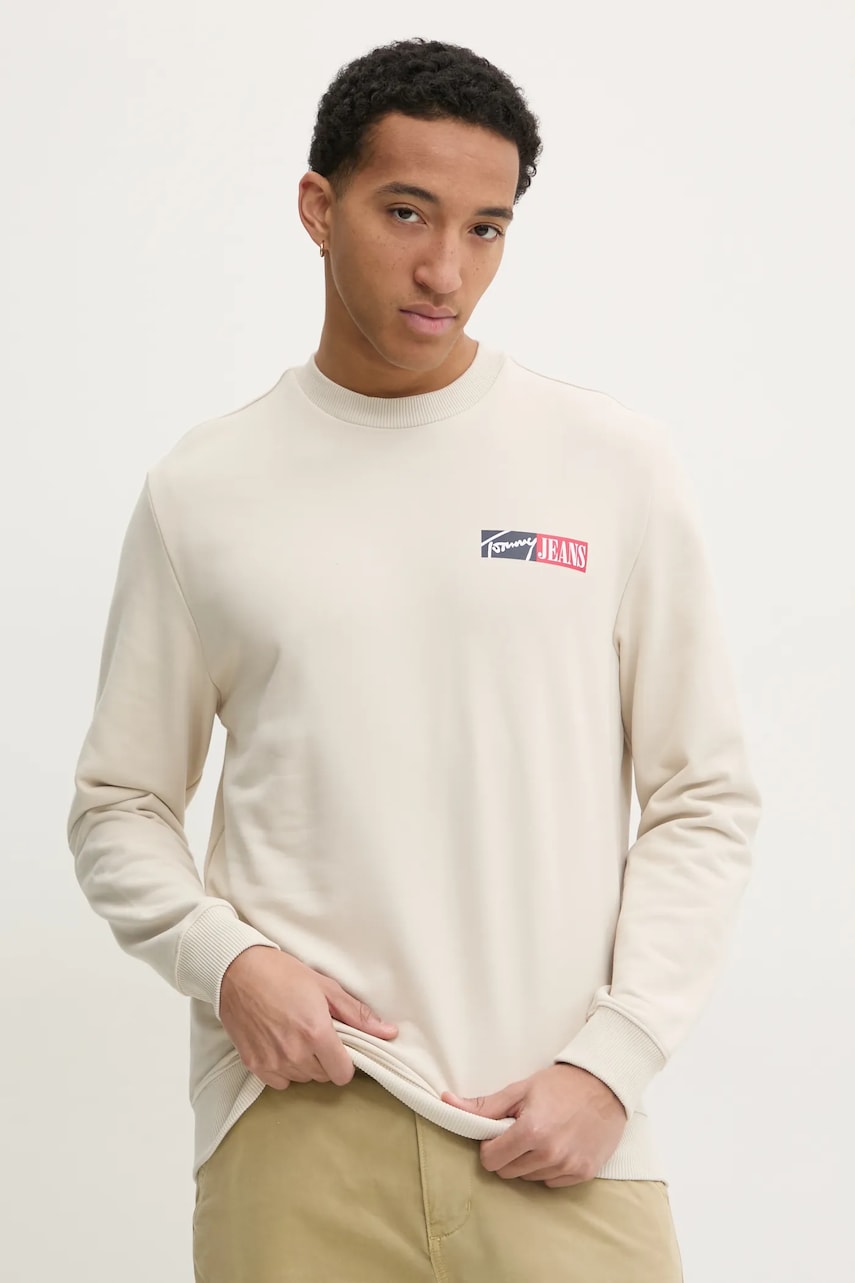 

Памучен суичър Tommy Jeans в бежово с принт DM0DM20341, Бежов