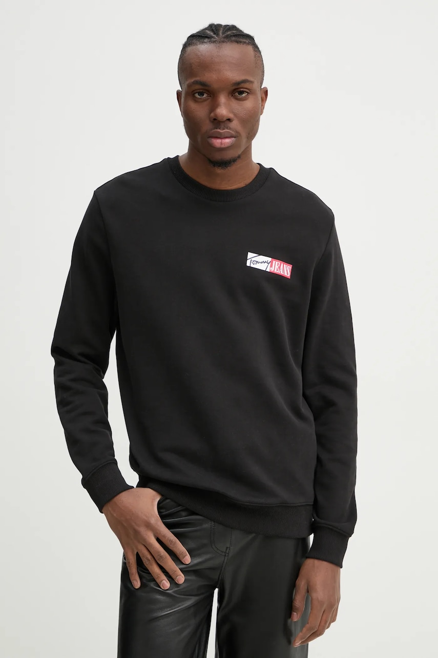 Tommy Jeans hanorac de bumbac barbati, culoarea negru, cu imprimeu, DM0DM20341