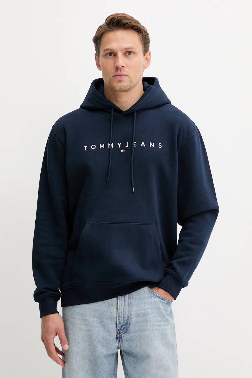 Tommy Jeans bluză culoarea bej, cu glugă, cu imprimeu, DM0DM20746