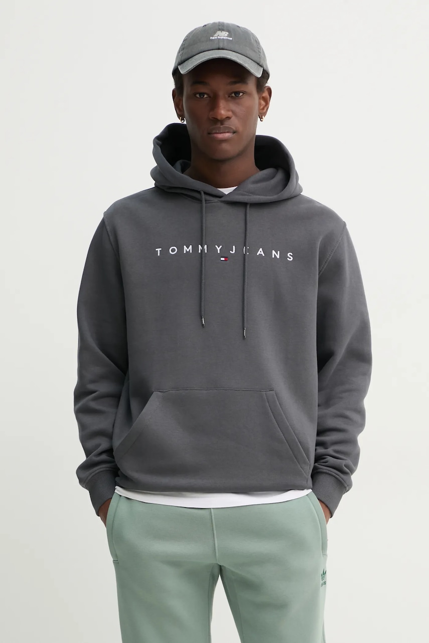 Tommy Jeans bluză bărbați, culoarea gri, cu glugă, cu imprimeu, DM0DM20746